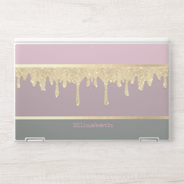 Modern Trendy Pastel Striped,Gold Glitter Drips HP Laptop Skin (Front)