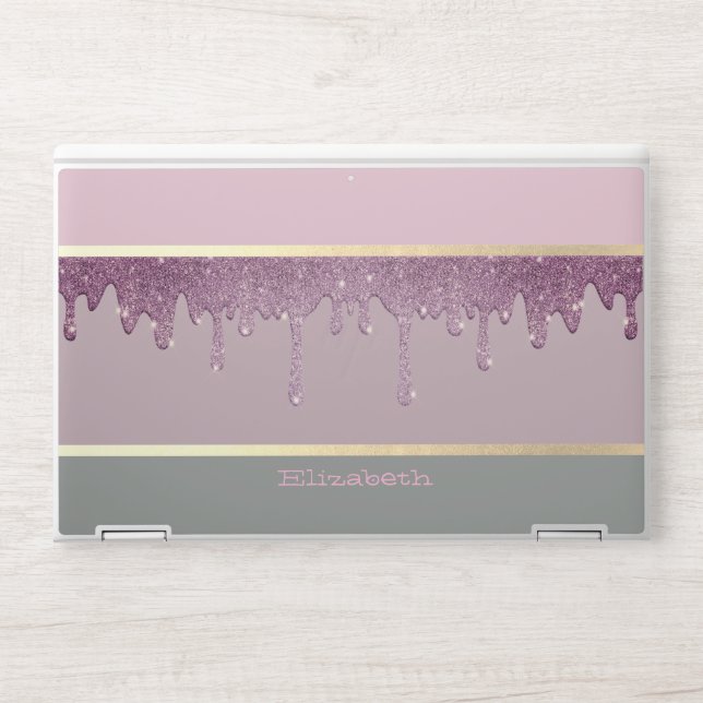 Modern Trendy Pastel Striped,Violet Glitter Drips HP Laptop Skin (Front)