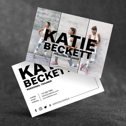 Modern  Trendy Personal Trainer Fitness 3 Photo Business Card
