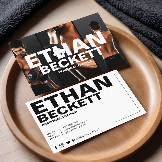 Modern Trendy Personal Trainer Fitness Gym 3 Photo Business Card (Modern & Trendy Personal Trainer Fitness 3 Photo Business Card)