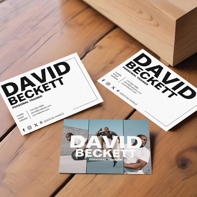 Modern Trendy Personal Trainer Fitness Gym 3 Photo Business Card (Modern & Trendy Personal Trainer Fitness 3 Photo Business Card)