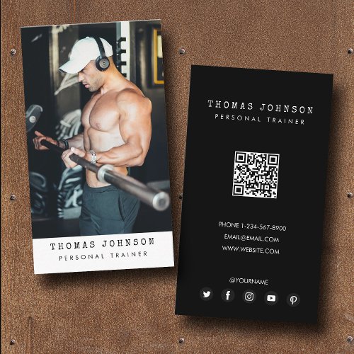 Modern Trendy Personal Trainer Fitness Photo Black Business Card