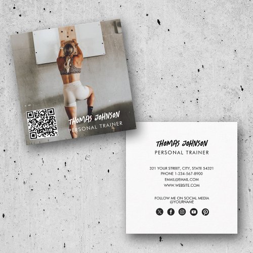 Modern Trendy Personal Trainer Fitness Photo Square Business Card