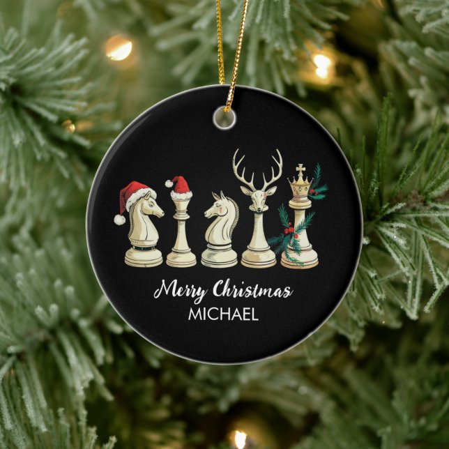 Modern Trendy Personalized Chess Pieces Christmas  Ceramic Ornament (Tree)