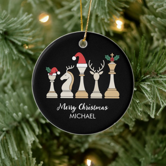 Modern Trendy Personalized Chess Pieces Christmas  Ceramic Ornament (Tree)