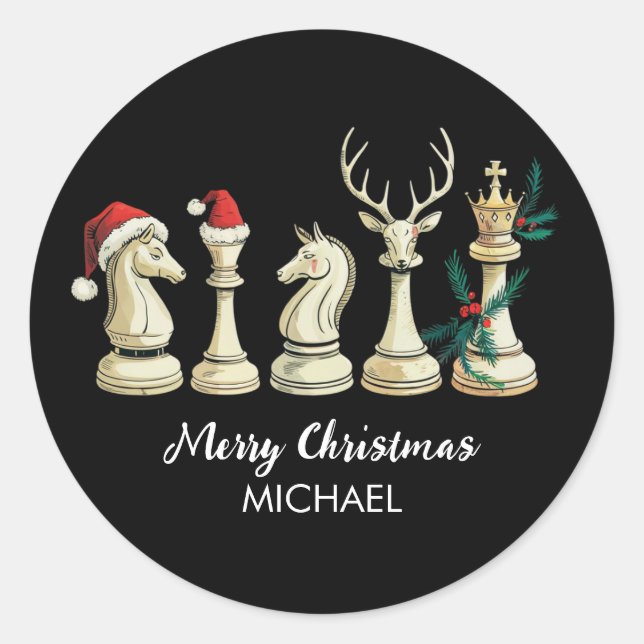 Modern Trendy Personalized Chess Pieces Christmas  Classic Round Sticker (Front)