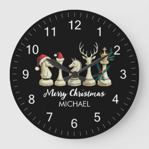 Modern Trendy Personalized Chess Pieces Christmas  Large Clock
