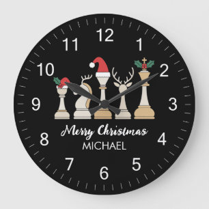 Modern Trendy Personalized Chess Pieces Christmas  Large Clock