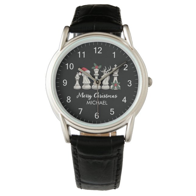 Modern Trendy Personalized Chess Pieces Christmas  Watch (Front)