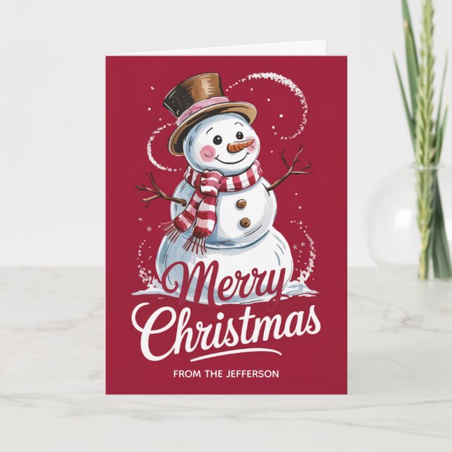 Modern Trendy Personalized Merry Christmas Snowman Holiday Card (Front)