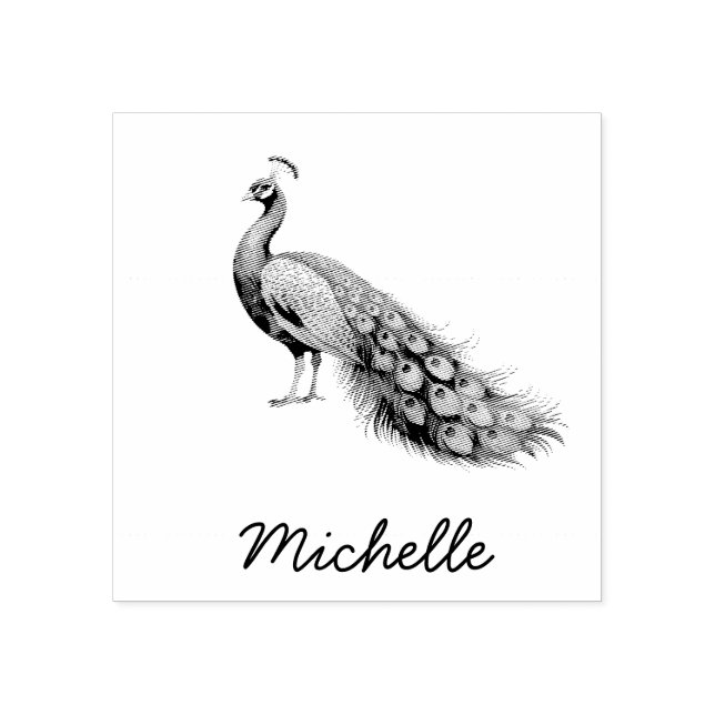 Modern Trendy  Personalized Name Peacock Rubber Stamp (Imprint)
