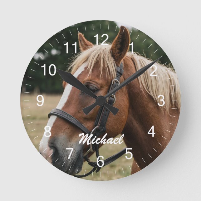 Modern Trendy Personalized Photo Horse Lover  Round Clock (Front)