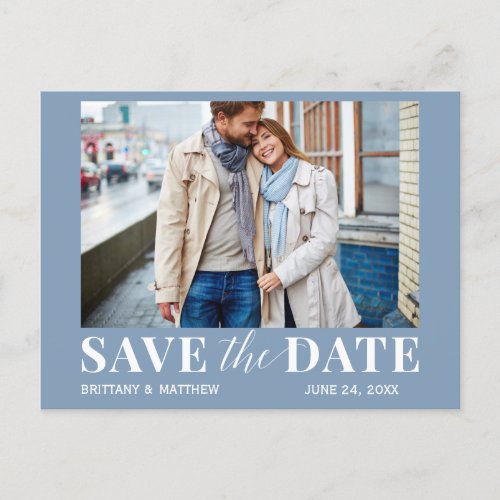 Modern Trendy Photo Dusty Blue Save The Date Postcard