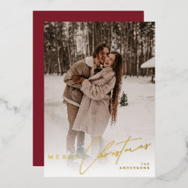 Modern Trendy Photo Elegant Script Red Christmas Foil Holiday Card