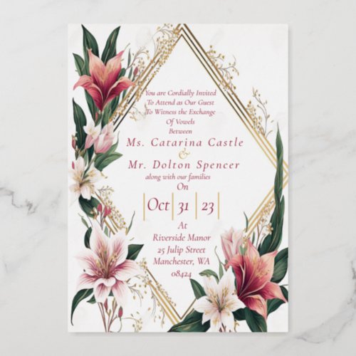 Modern Trendy Pink and Ivory Floral Wedding  Foil Invitation