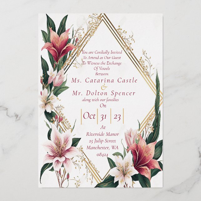 Modern Trendy Pink and Ivory Floral Wedding  Foil Invitation (Front)