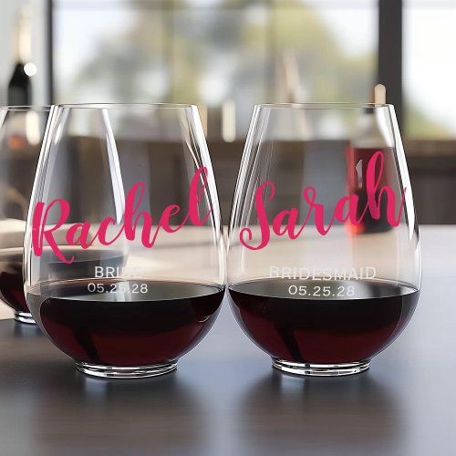 Modern trendy pink Bachelorette personalized  Stemless Wine Glass