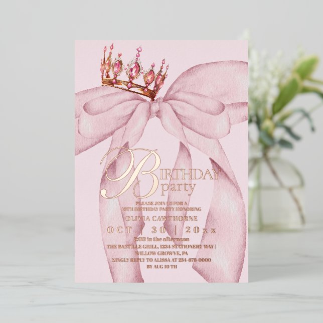  Modern Trendy Pink Bow Birthday Party Foil Invitation (Standing Front)