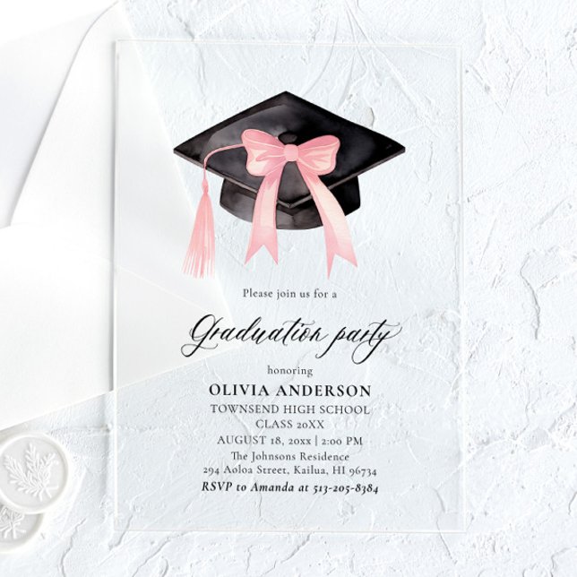 Modern Trendy Pink Bow Graduation Cap Graduation Acrylic Invitations (Creator Uploaded)