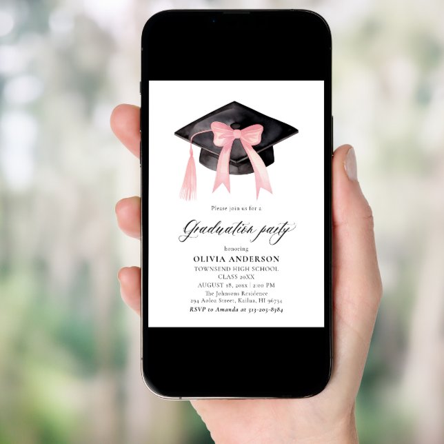Modern Trendy Pink Bow Graduation Cap Graduation Invitation (Front Digital)