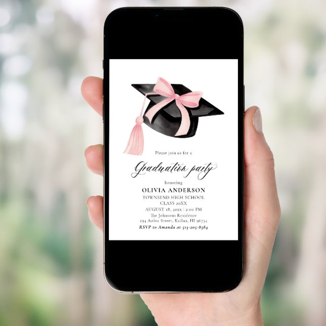 Modern Trendy Pink Bow Graduation Cap Graduation Invitation (Front Digital)
