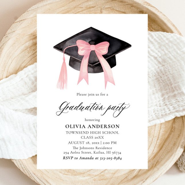Modern Trendy Pink Bow Graduation Cap Graduation Invitation (Watercolor Modern Elegant Trendy Stylish Pink Bow Graduation Invitation)