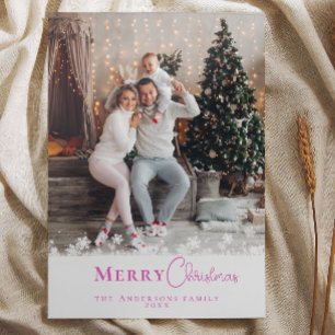 Modern Trendy Pink Christmas Photo Snowflakes  Holiday Card