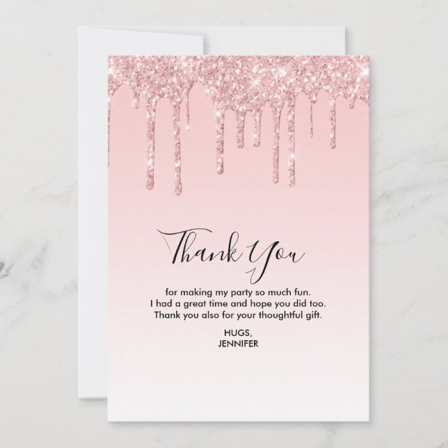 Modern Trendy Pink FAUX Liquid Glitter Thank You Card (Front)