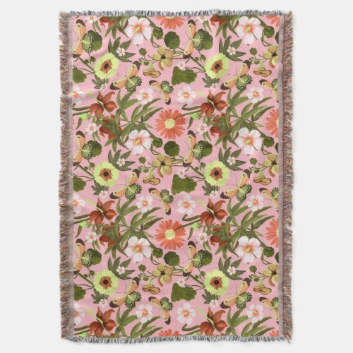 Modern Trendy Pink Floral Nature Pattern Throw Blanket