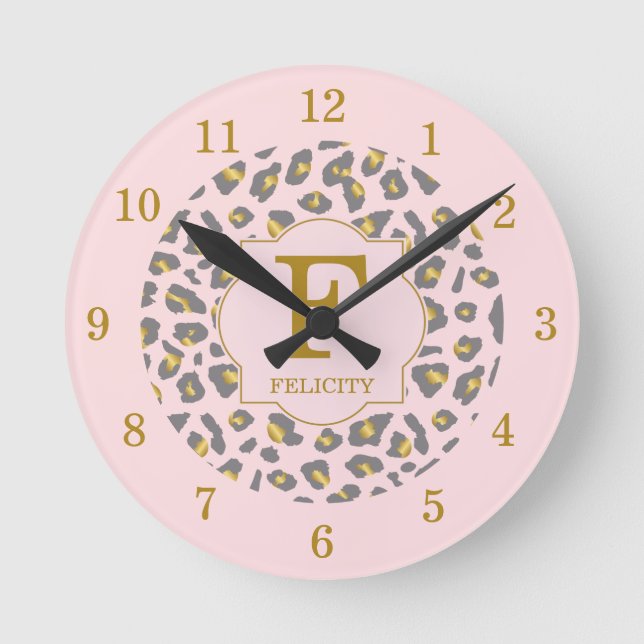 Modern Trendy Pink Gold Leopard Pattern Monogram Round Clock (Front)