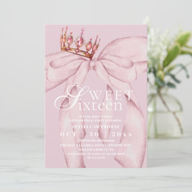  Modern & Trendy Pink Sweet 16 Bow Birthday  Invitation (Standing Front)