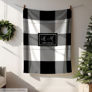 Modern Trendy Plaid in Black & White for Him Custo Fleece Blanket