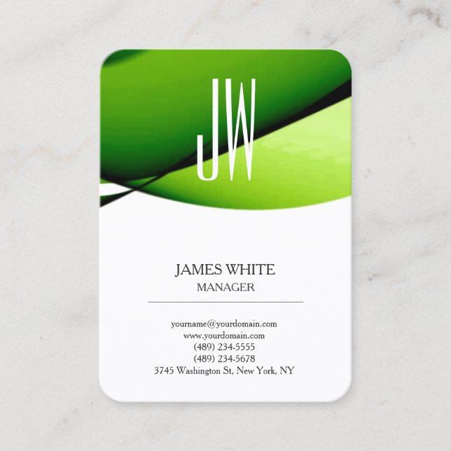 Modern trendy plain white green stylish monogram business card (Front)