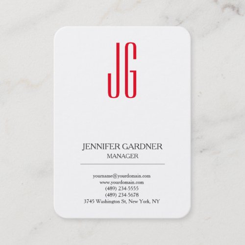 Modern trendy plain white red monogram business card