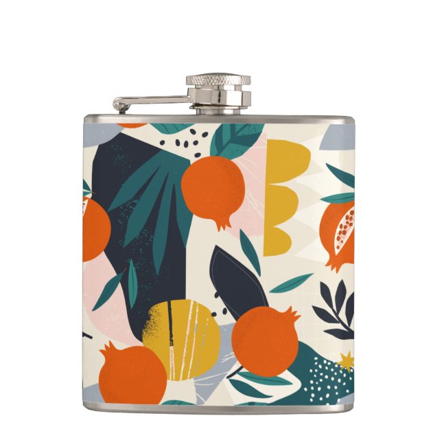 Modern Trendy Preppy Chic Apricot and Leaves Flask (Front)