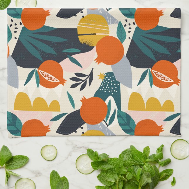 Modern Trendy Preppy Chic Apricot and Leaves Kitchen Towel (Folded)