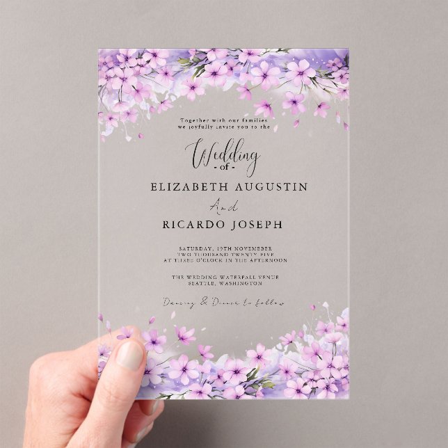 Modern Trendy Purple Lavender  Wedding Acrylic Invitations (Insitu (Handheld))
