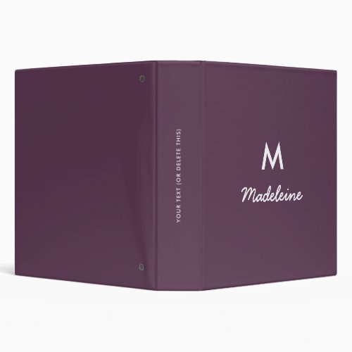 Modern Trendy Purple White Monogram Script Name 3 Ring Binder