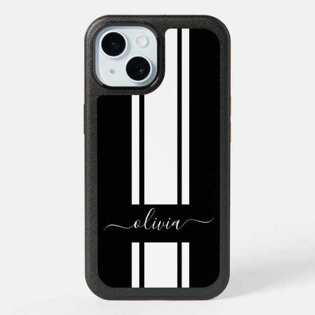 Modern Trendy Racing Stripes monogrammed  iPhone 15 Case (Back)