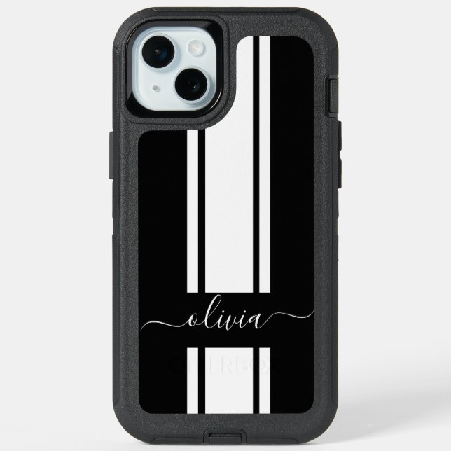 Modern Trendy Racing Stripes monogrammed  iPhone 15 Plus Case (Back)