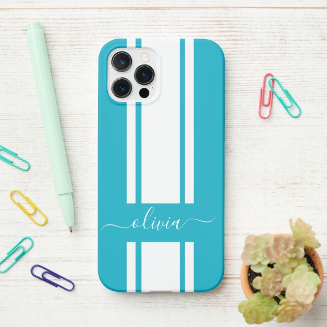Modern Trendy Racing Stripes monogrammed  iPhone Case (On Desk)