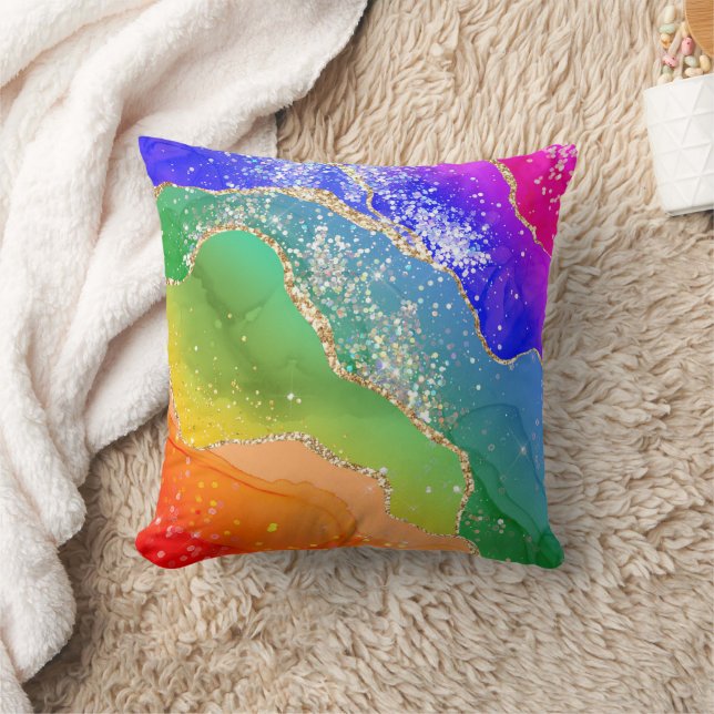 Modern Trendy Rainbow Glitter  Throw Pillow (Blanket)