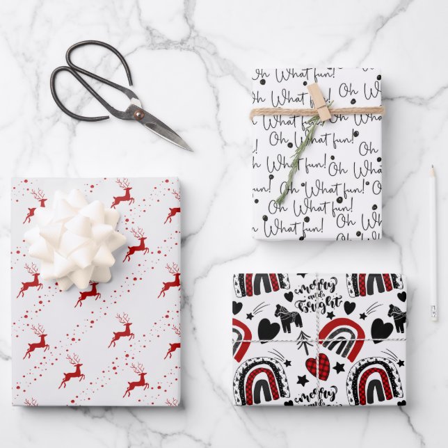 Modern Trendy Red, Black And White Christmas Wrapping Paper Sheets (Front)