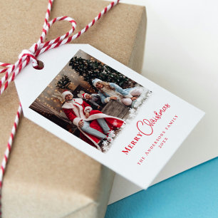 Modern Trendy Red Christmas Photo Snowflakes Gift Tags
