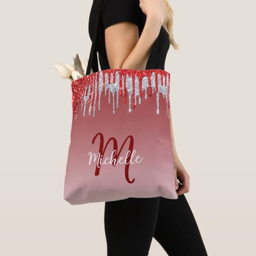 Modern Trendy Red Glitter Drip Monogram Initial Tote Bag