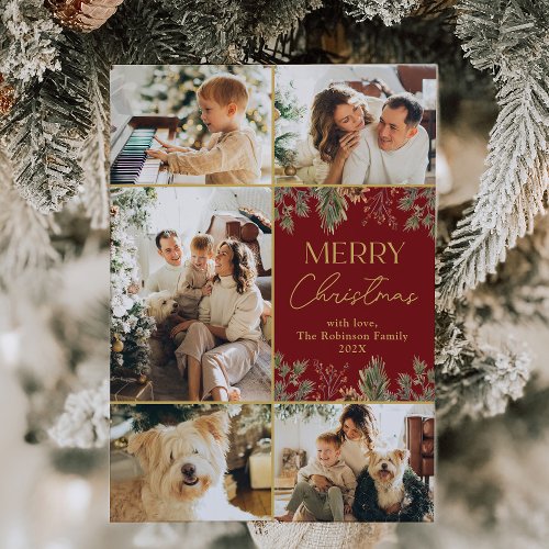 Modern Trendy Red Gold Christmas Family Photo Holiday Card