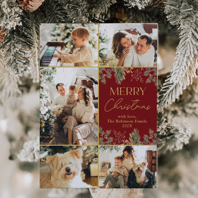 Modern Trendy Red Gold Christmas Family Photo Holiday Card (Creator Uploaded)