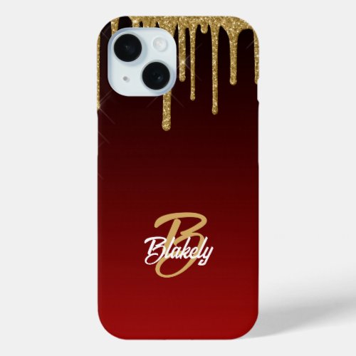 Modern Trendy Red Gold Glitter Drip Monogram  iPhone 15 Case