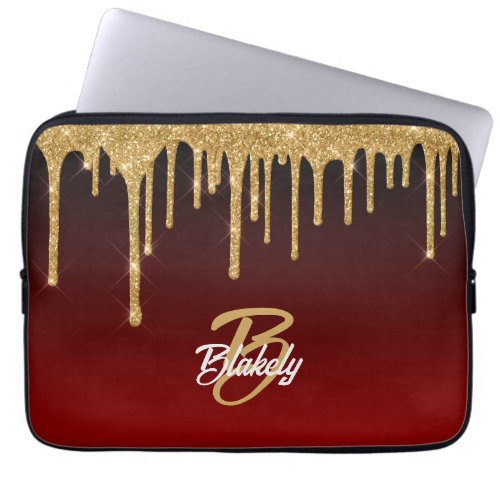 Modern Trendy Red Gold Glitter Drip Monogram Laptop Sleeve