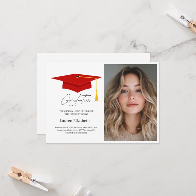 Modern Trendy Red Graduation Cap and Tassel  Invitation (Front/Back In Situ)